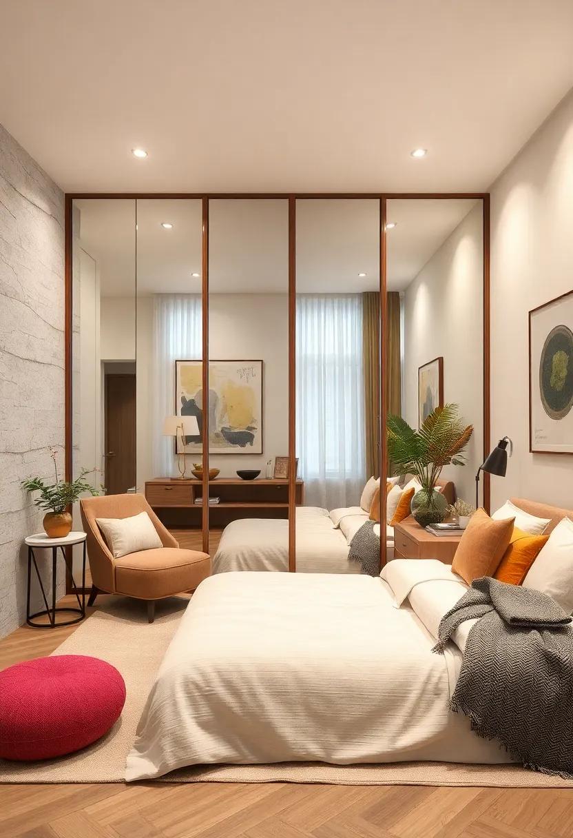 Mirror Panels as Dividers Enlarging Small Spaces While Offering Separate Zones for Siblings to Reflect and Recline