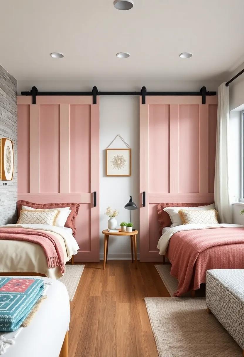 Sliding Barn Doors Painted in Pastel Hues Bringing Rustic Charm and Transition Options Between Shared Rooms