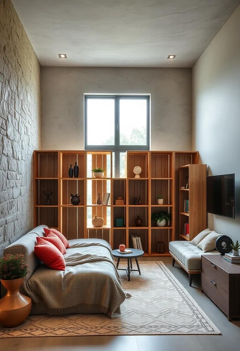 Stacked Wooden Crate Dividers Equipped with Shelves for Dynamic Storage and Personal Display Areas