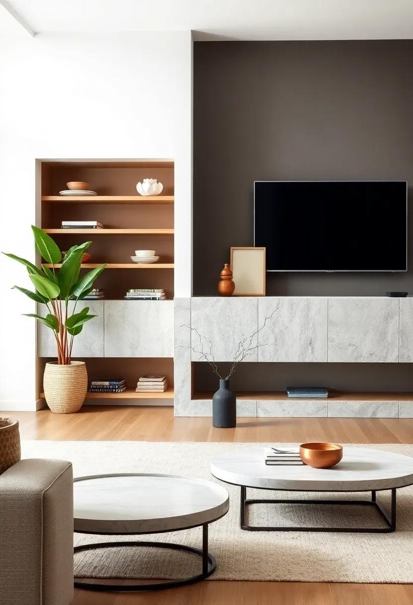 Low Shelving Tables Used as Functional Storage and Display Platforms in a Neat Space