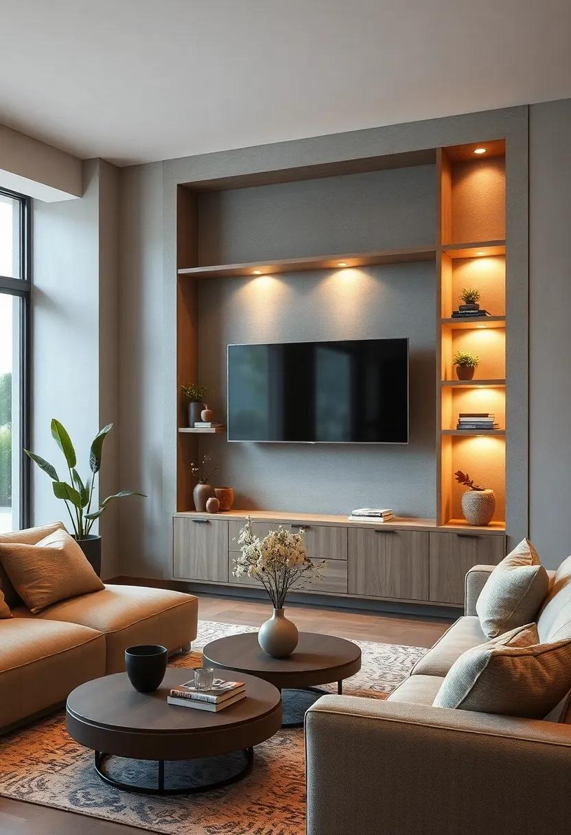 Built-In Shelves With Hidden Lighting Enhancing a Cozy Yet Contemporary Ambiance