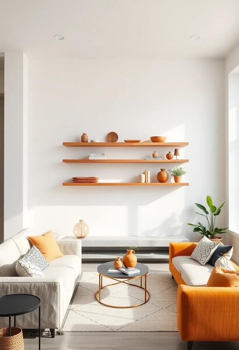 Natural Wood Floating Shelves Against White Walls Creating a Warm Yet Crisp Atmosphere