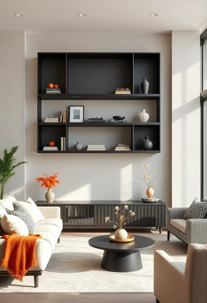 Contrasting Dark Shelves Against Light Walls Highlighting Elegance Through Simplicity