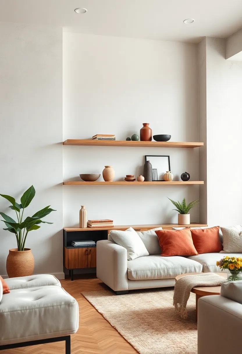 Neutral-Toned Wooden Shelves Complemented by Muted Ceramics for Understated Sophistication