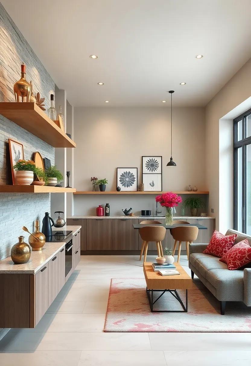 Floating Shelves Combined With Artistic Decor Elements For Stylish Kitchen Extension Walls