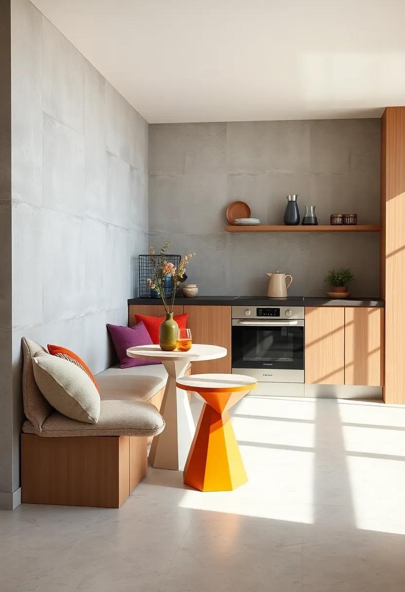 Bold Geometric Tables with Colorful Accents Adding a Modern Flair to Compact Kitchen Corners