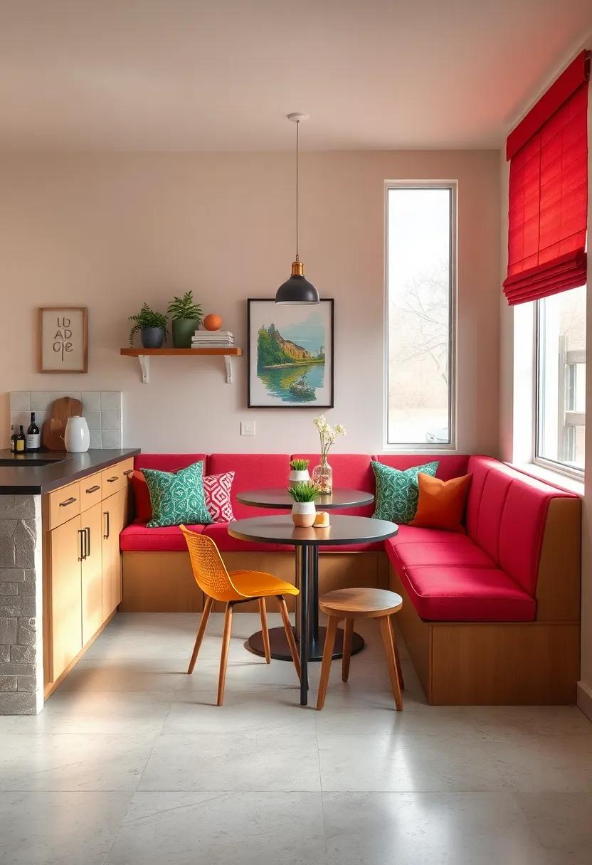 Bold Mid-Century Retro Tables with Vibrant Upholstered Seating in Compact Kitchen Nooks