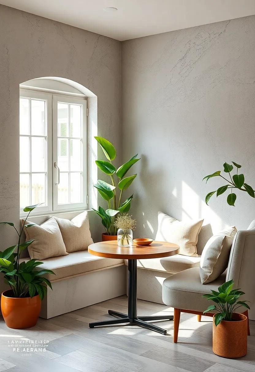 Bright and Airy Breakfast Nooks Featuring Compact Tables Surrounded by Lush Green Potted Plants