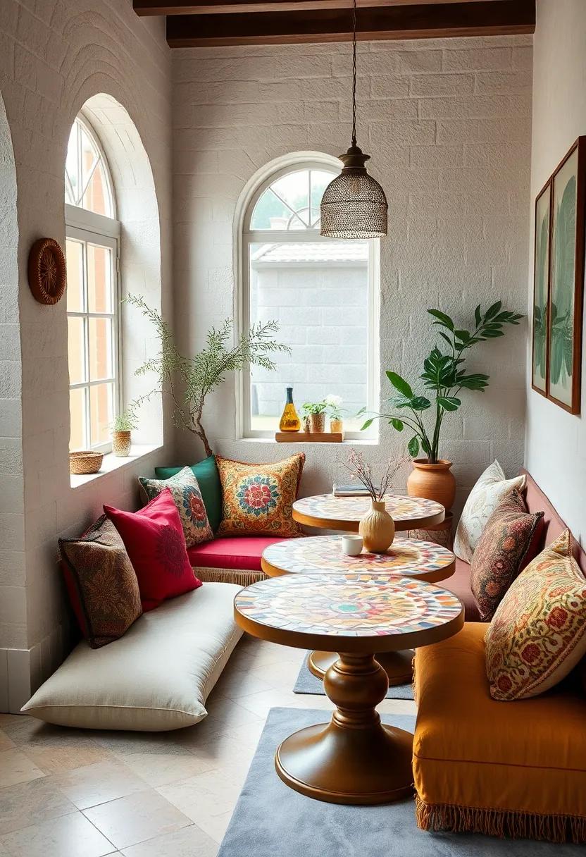 Eclectic Bohemian Kitchen Nooks with Colorful Mosaic Tables Surrounded by Comfortable Cushions