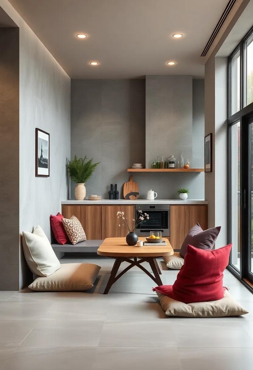 Japanese-Inspired Low Tables and Floor Cushions Creating Minimalist and Intimate Kitchen Spaces