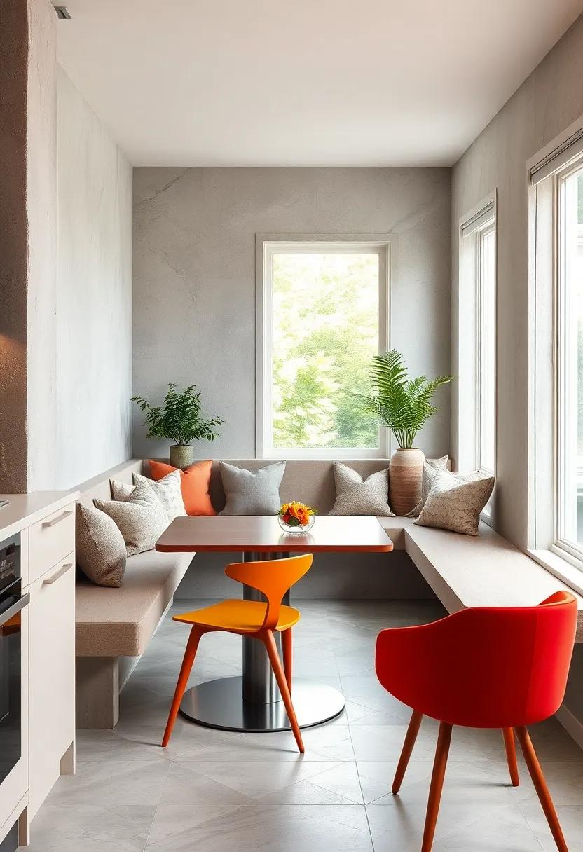 Mid-century Modern Small Kitchen Nooks Featuring Sleek Tables Paired with Bold Colorful Chairs