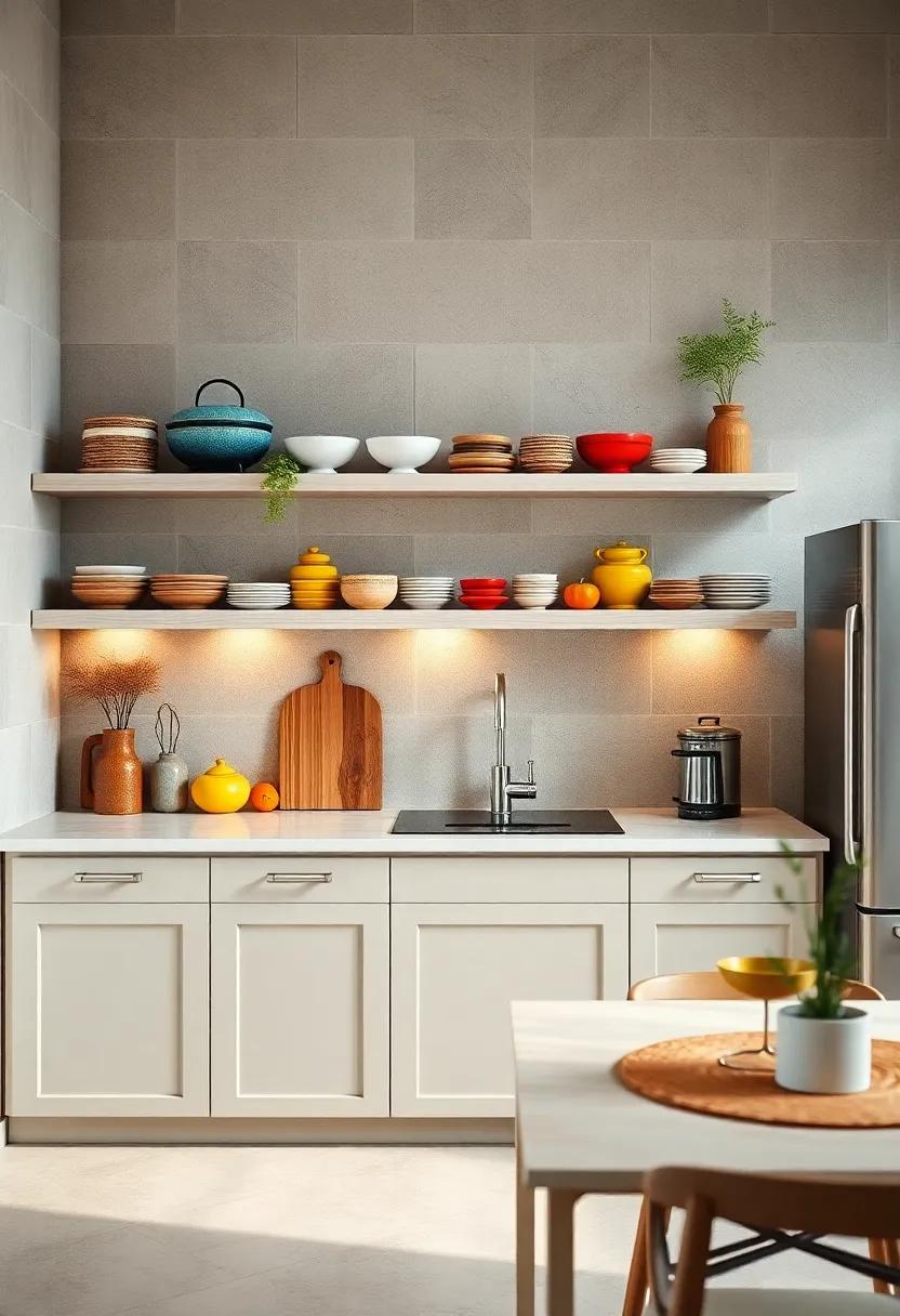 Charming Open Shelves Displaying Colorful Ceramics Brightening Up a Cozy Kitchen Space