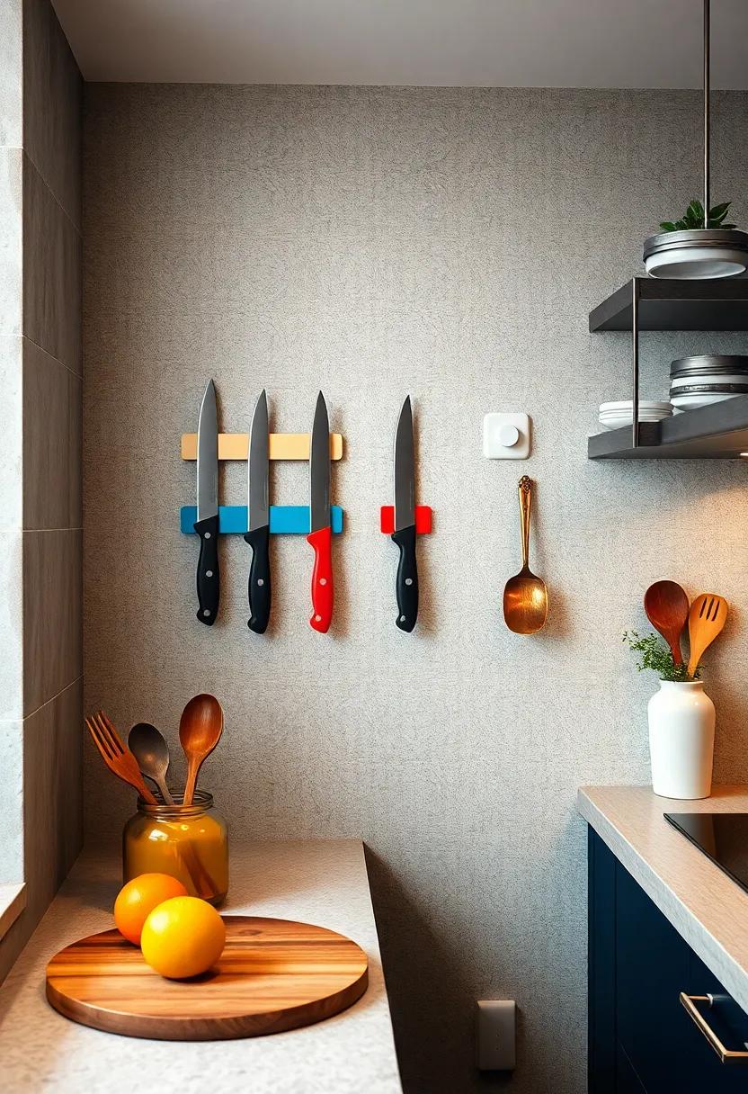 Color-Coordinated Magnet Strips on Textured Walls Holding Sleek Knives and Metal Utensils