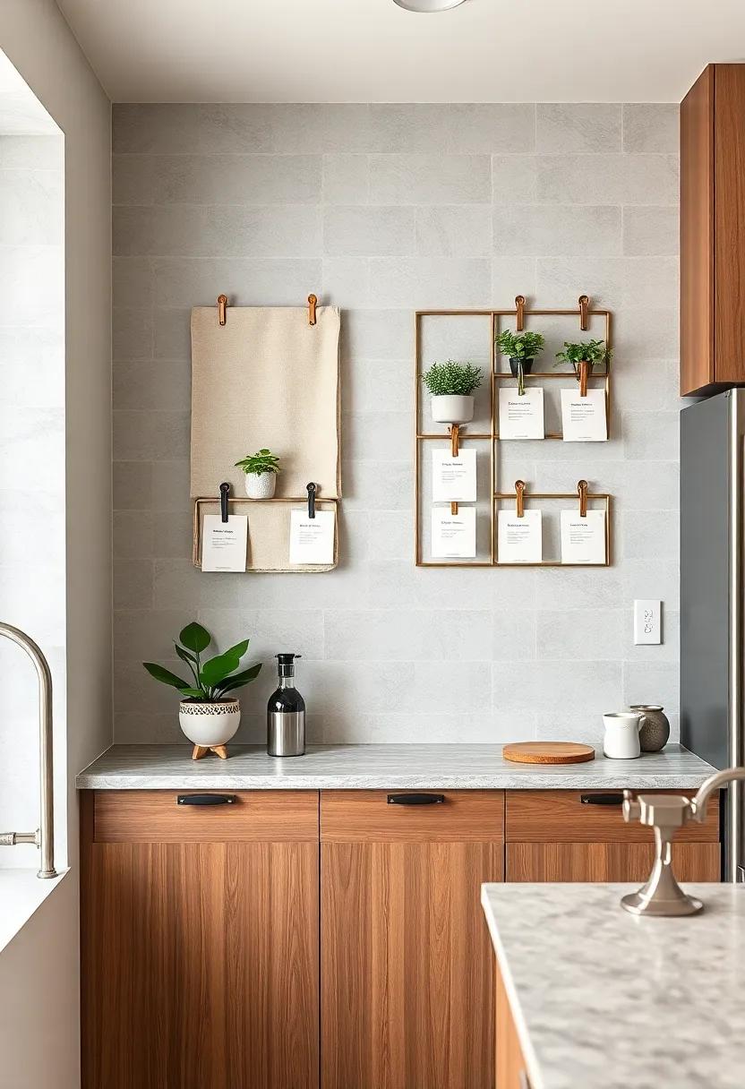Geometric Wall Grids with Decorative Clips Holding Recipe Cards and Small Planters