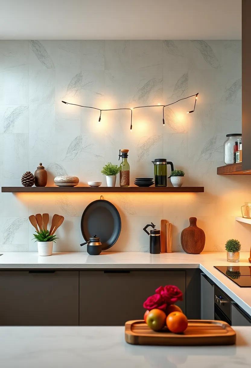 Delicate String Lights Draped Along Floating Shelves Casting a Warm Glow on Kitchen Walls