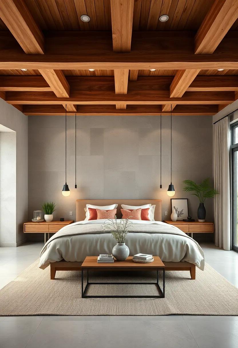 Muted Sand Tones Enhanced by Exposed Natural Wood Beams Forming a Stylish Contemporary Bedroom Ceiling