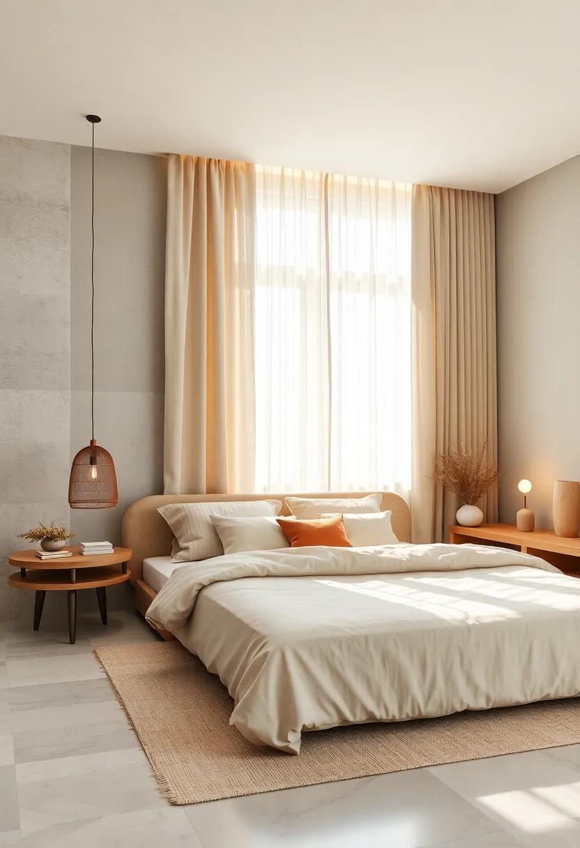 Sunlight Filtering Through Sheer Curtains Highlighting Muted Tones and Warm Wood Accents in Bedroom Design