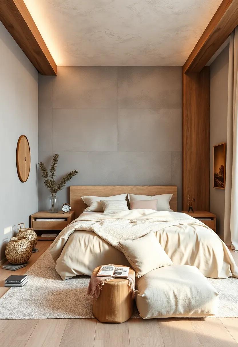 Earthy Taupe and Pale Gray Walls Serving as Backdrop to Refined Wood Accents and Soft Linen Furnishings