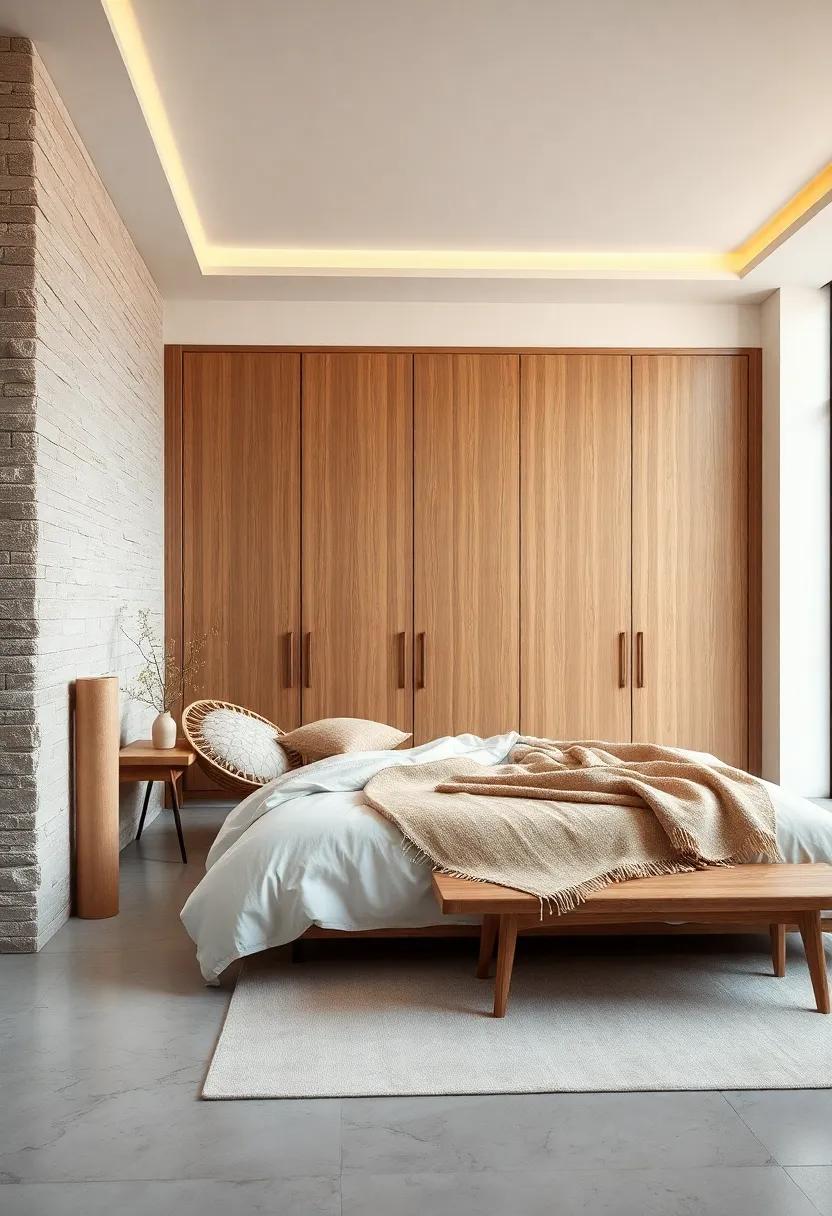 A Stylish Bedroom Interior Where Oak Wardrobes Stand Tall With Muted Neutral Paint and Wool Throws