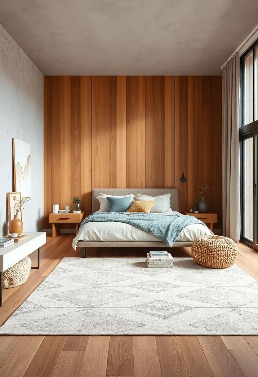 Soft Neutral Rugs Placed On Honey-Toned Wood Floors Producing a Welcoming and Rustic Modern Bedroom