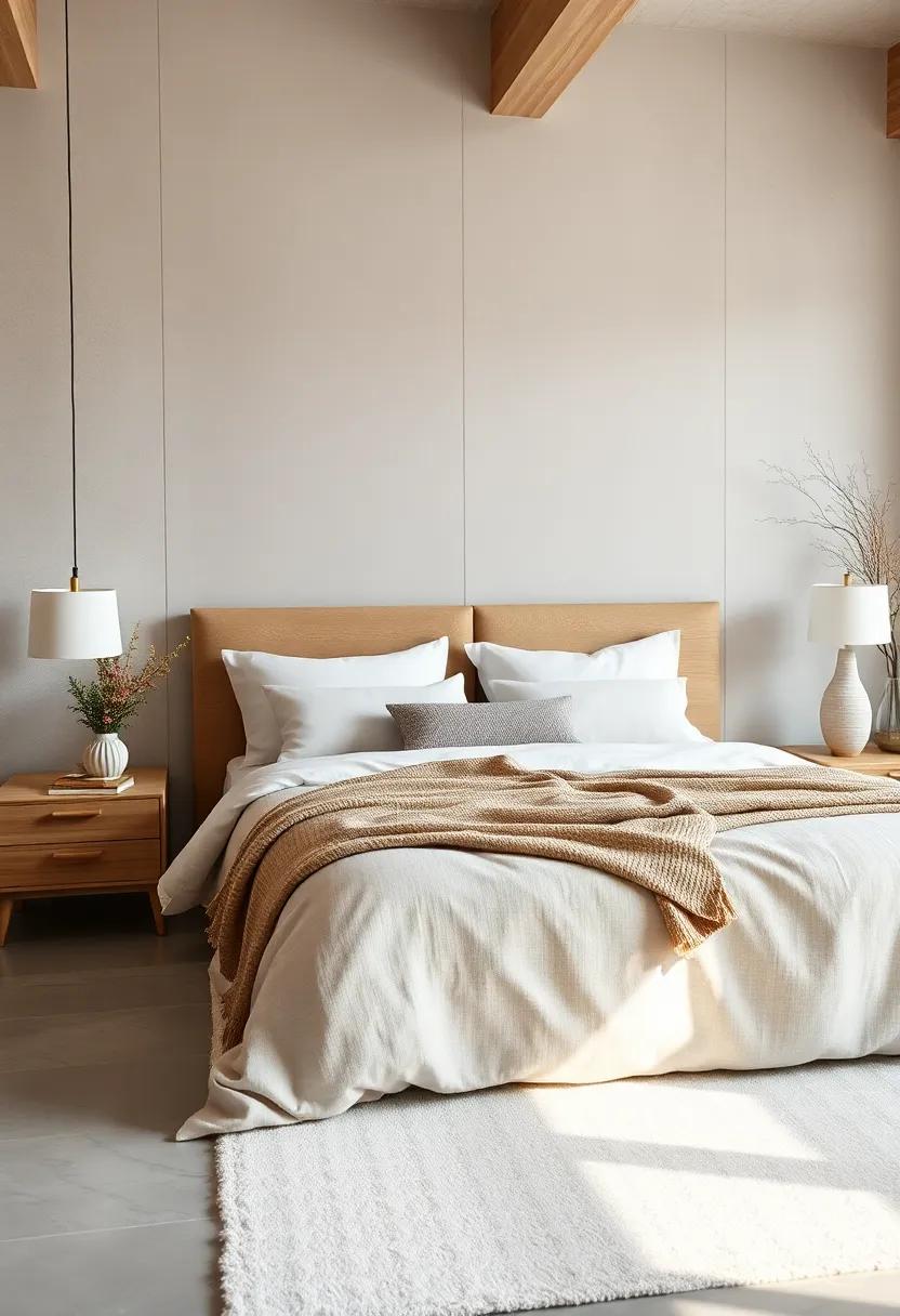 Light Wood Nightstands Styled Against Linen Walls and Cream-Colored Throws for a Balanced Bedroom Look