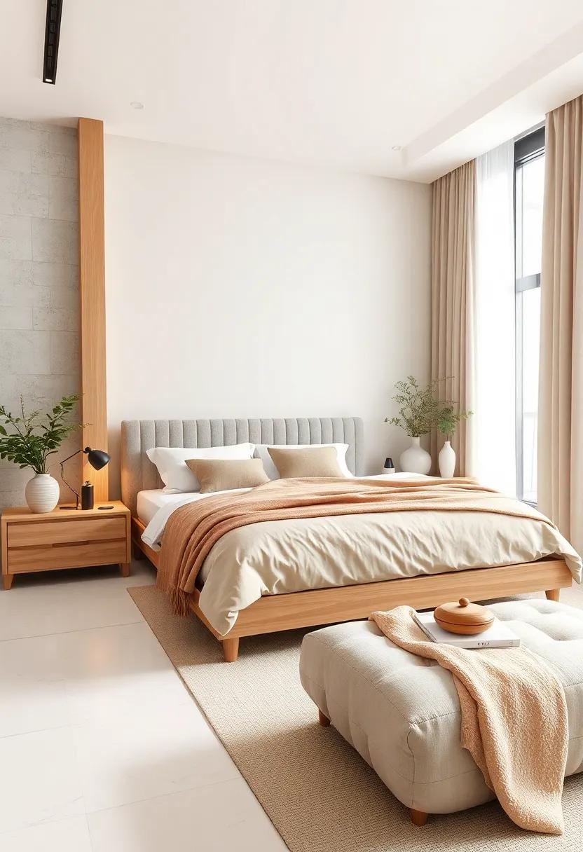 A Minimalist Bedroom Featuring Light Oak Furniture Paired With Cream and Beige Soft Draperies