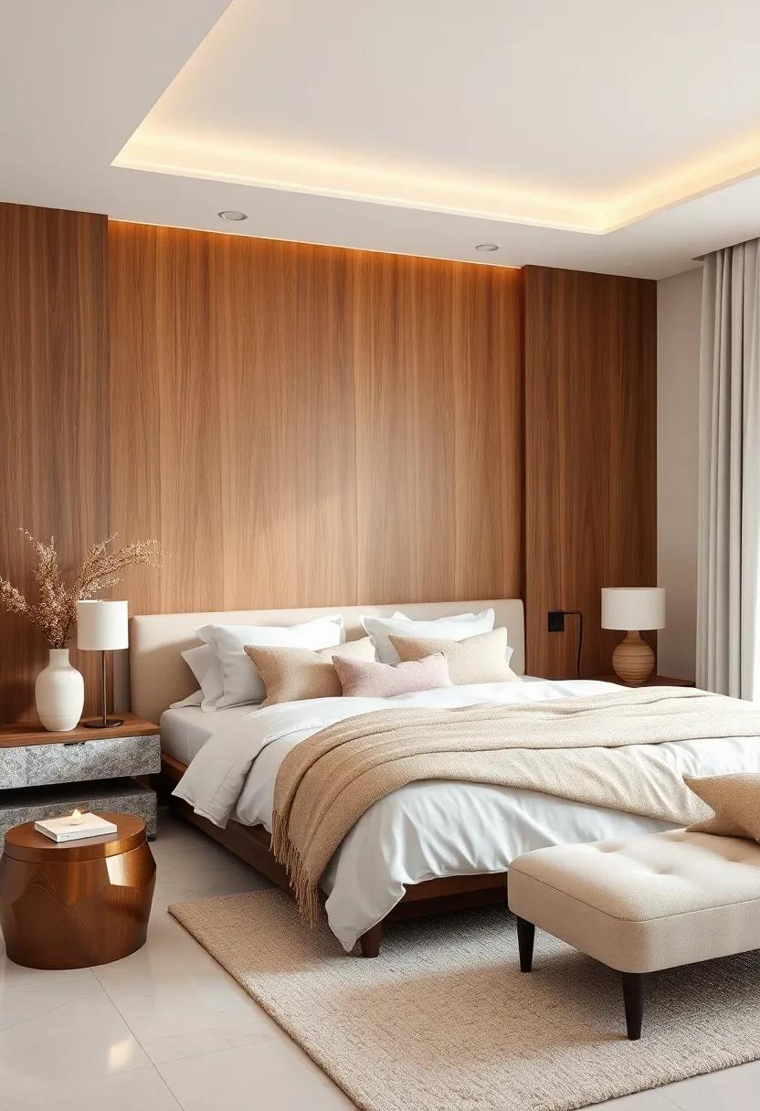 Warm Walnut Accents Juxtaposed With Soft White and Pale Blush Textiles in an Elegant Bedroom Setting