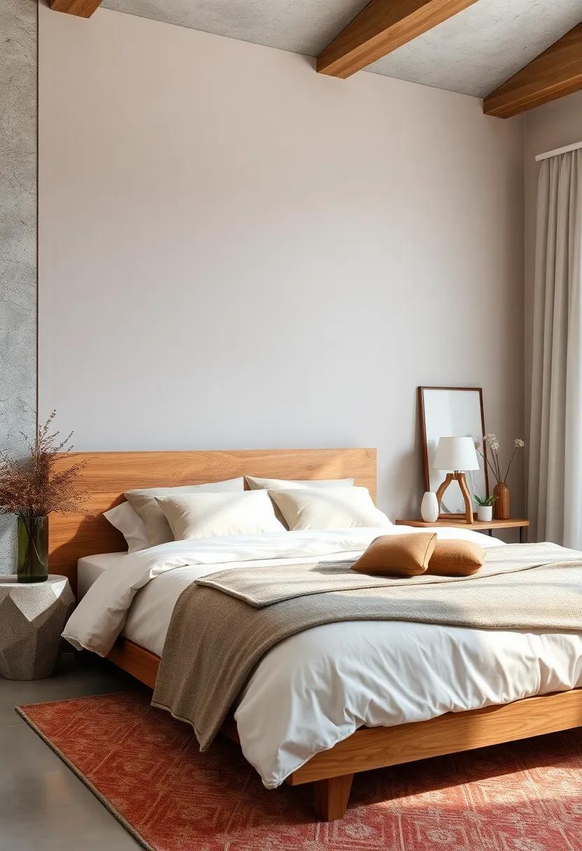Rustic Wooden Bed Frames Contrasted Against Soft Taupe Walls Creating a Warm Inviting Sleep Space