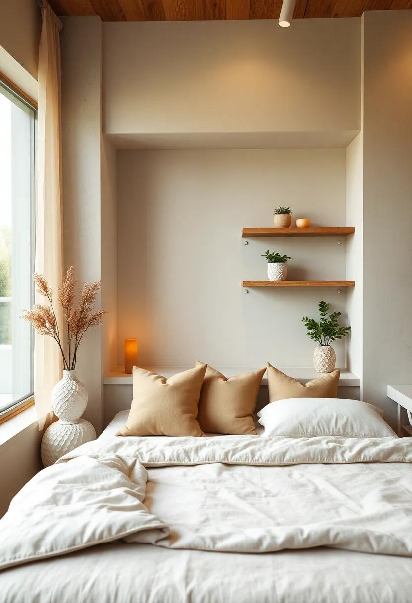 An Inviting Window Nook Featuring Soft Taupe Cushions and Birchwood Shelves for Relaxation and Warmth