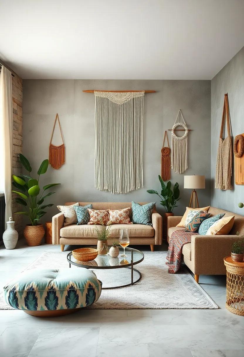 Bohemian Inspired Layering of Patterned Fabrics, Macramé Wall Hangings, and Vintage Finds