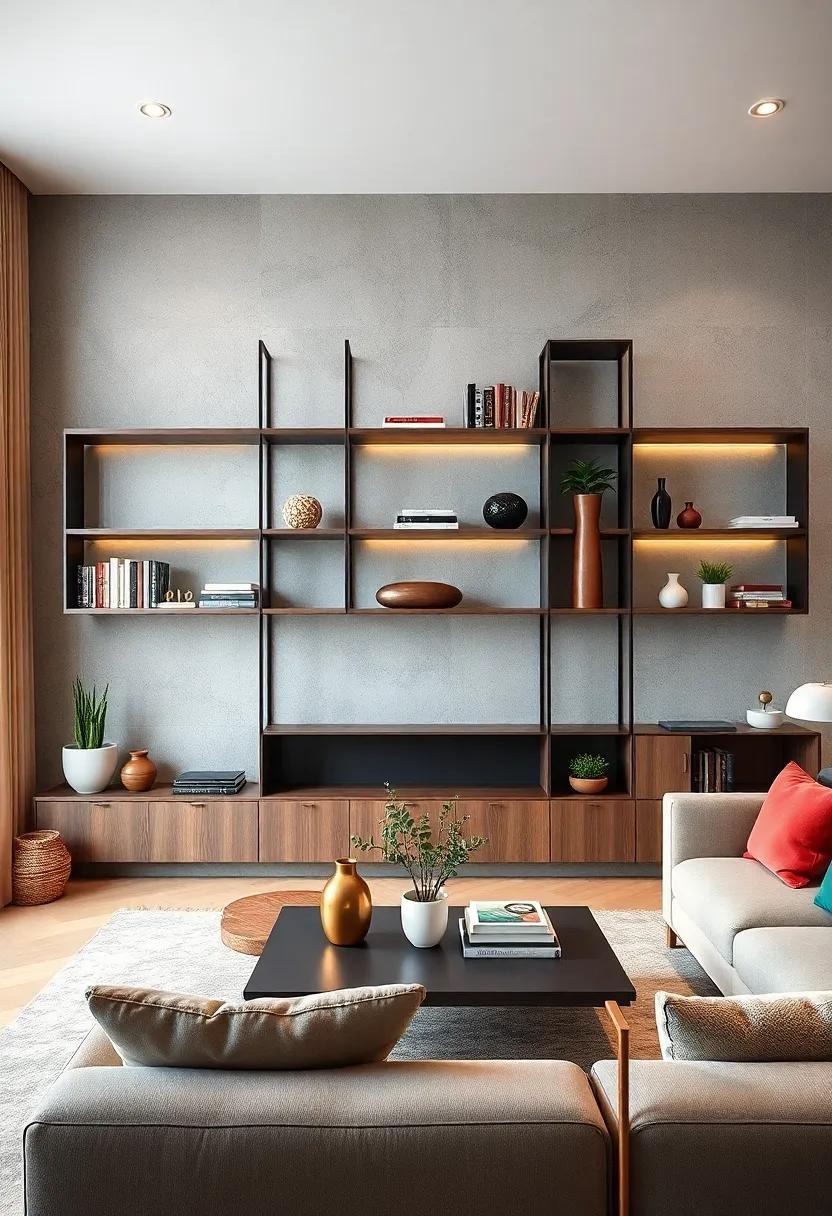 Sleek Minimalist Shelving Units Featuring Stylish Displays of Books, Plants, and Artful Objects