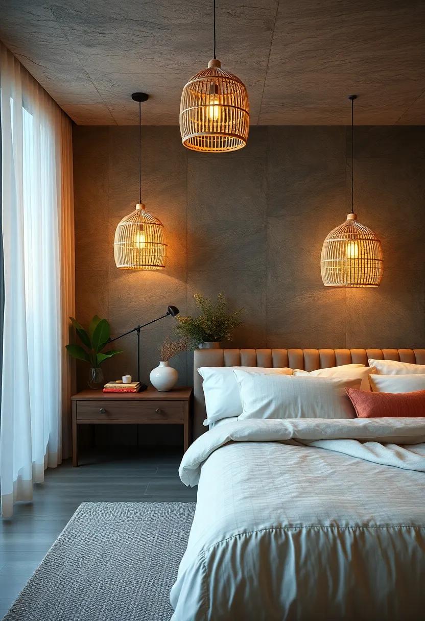 Contemporary Bamboo Lampshades Emitting Warm Light in an All-Natural Bedroom Setting