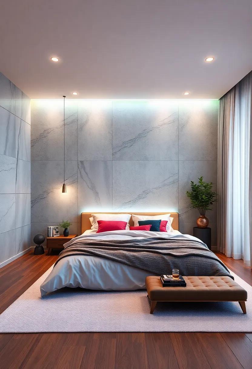 Smart Lighting Panels with Adjustable Colors Creating Mood in a Modern Bedroom