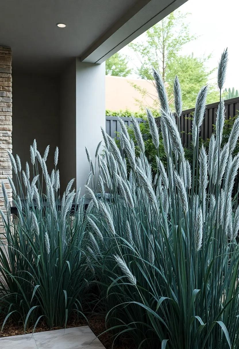 Blue Oat Grass Forming a Cool, Silvery Wall Against a Modern Garden Fence