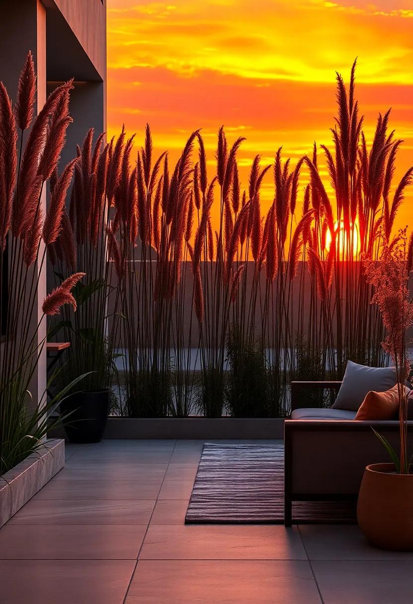 Dramatic Silhouettes of Tall Decorative Grass Stems Against the Setting Sun's Fiery Sky