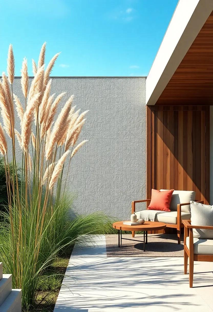 Elegant Seed Heads of Tall Ornamental Grasses Catching the Breeze Against a Blue Sky