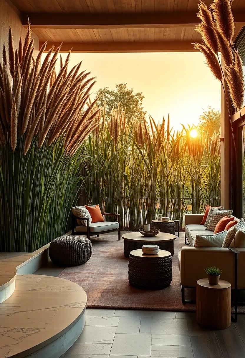 Giant Miscanthus Grasses Blending Seamlessly with Rustic Wooden Decks Under a Golden Sunset