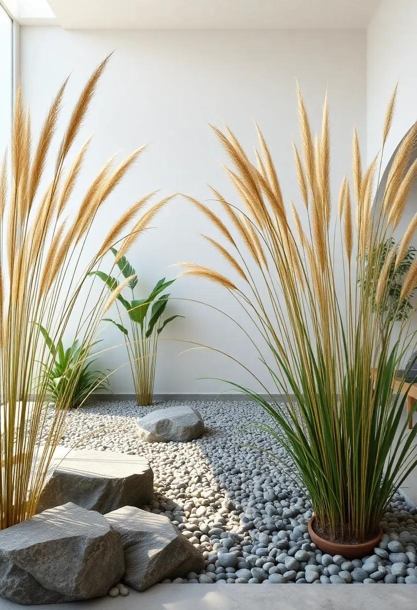 Golden Reed Grass Bending Gently Over Pebbled Zen Gardens With Subtle Shadows