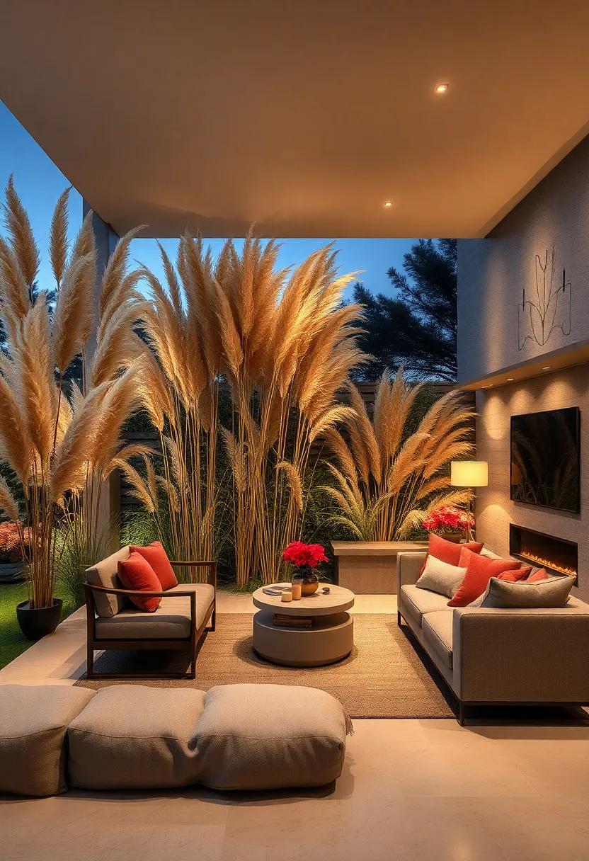 Majestic Pampas Grass Towers Creating a Soft, Flowing Privacy Barrier at Twilight
