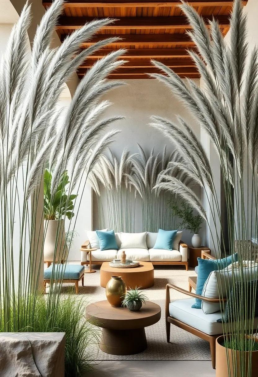 Tall Silver Grass with Graceful Arches Draped Over an Outdoor Lounge to Evoke Calm and Privacy