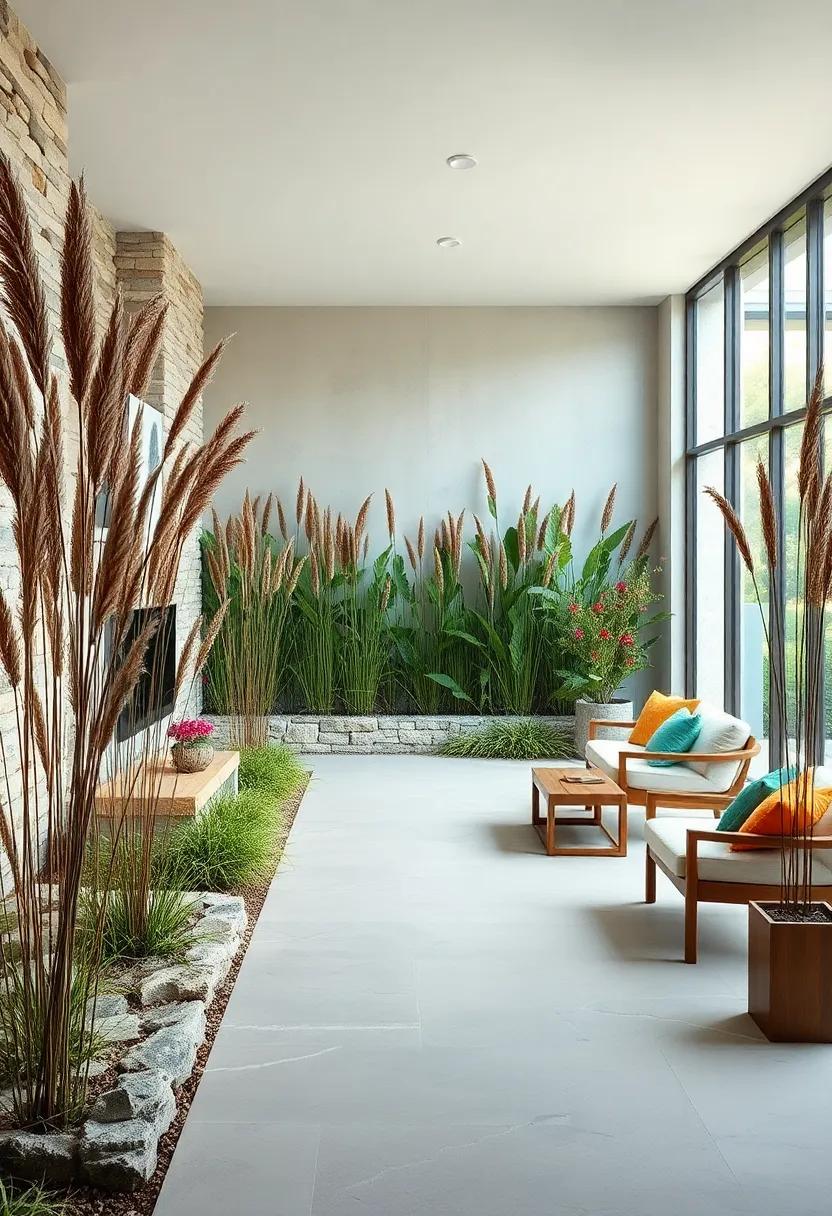Textural Contrast Between Rustling Tall Grasses and Smooth Stone Walls in an Artistic Landscape