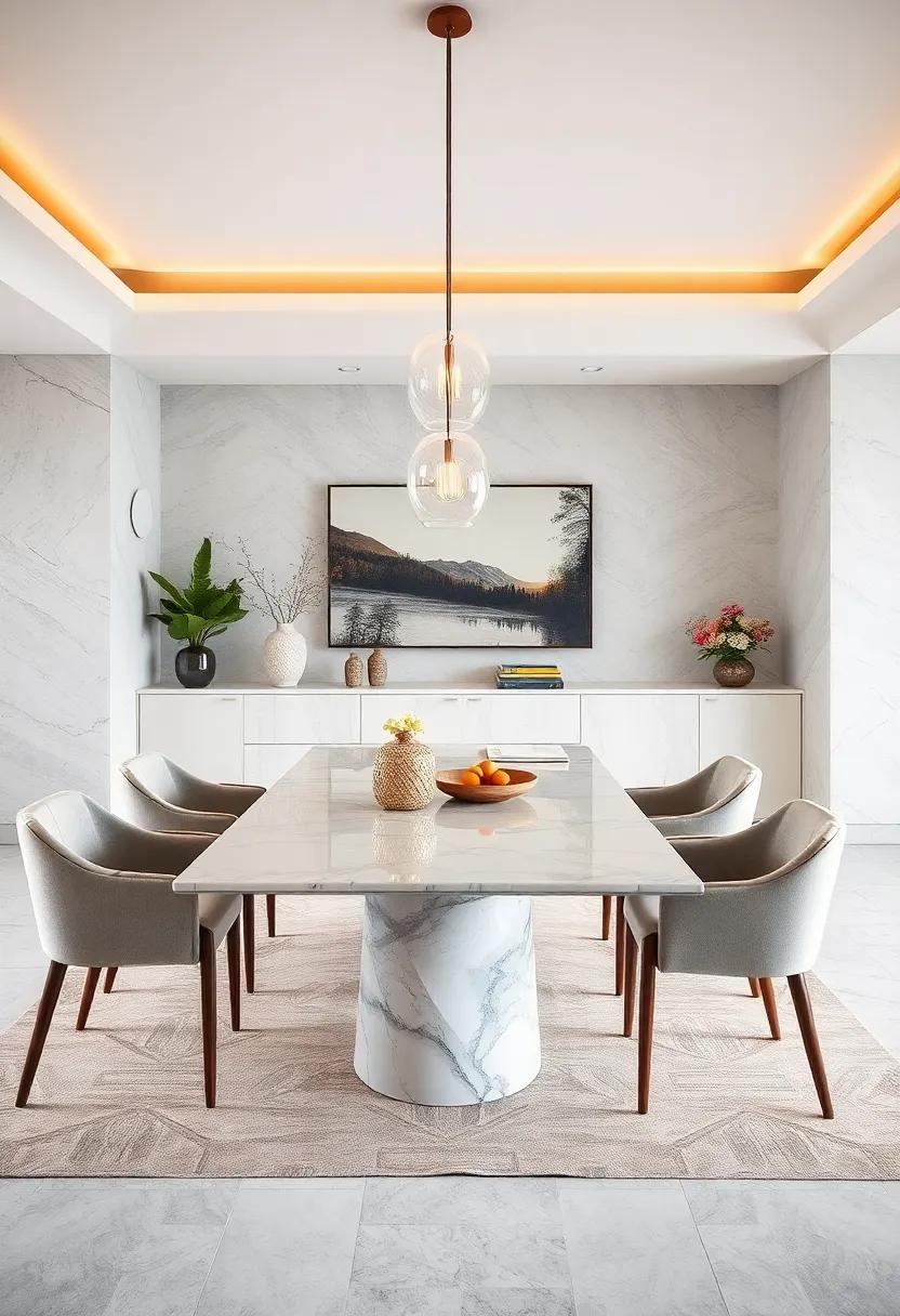 Incorporating Sculptural Marble Bases Under Dining Tables as Visual Statements of Craftsmanship