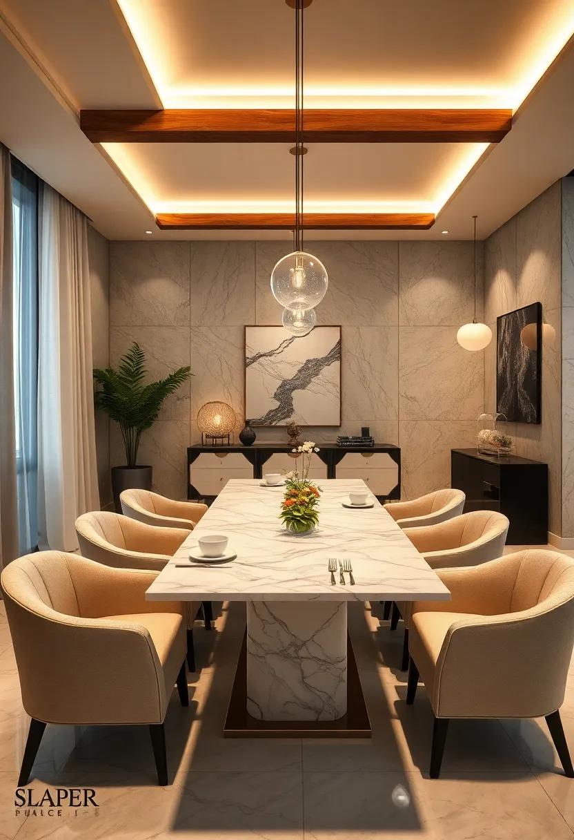 Soft Ambient Lighting Complementing Marble Surfaces for a Cozy Yet Sophisticated Dining Experience