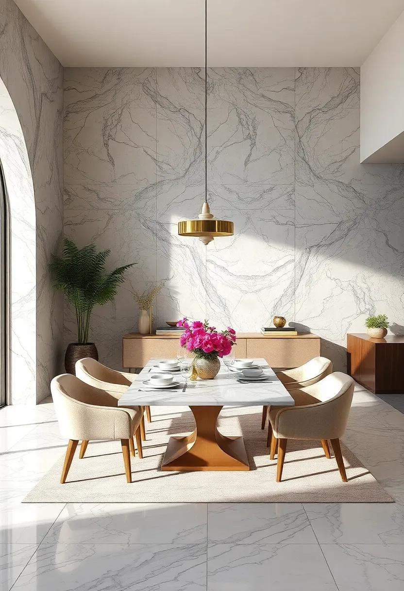 Contrasting Textures of Marble with Soft Furnishings for a Harmonious and Inviting Dining Room