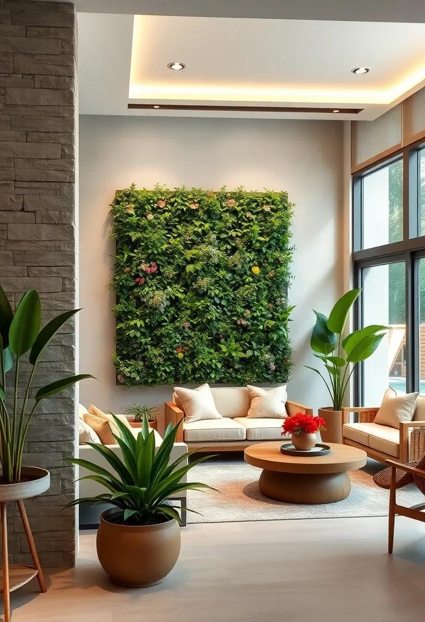 Showcasing Vertical Garden Walls Framed by Stone or Wood Accents for Natural Integration