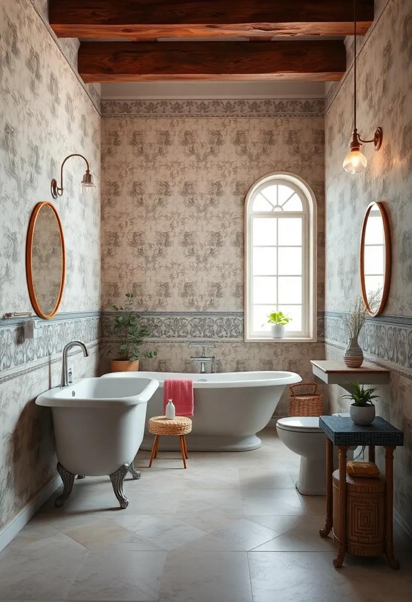 Period-Specific Wallpaper Borders Enhancing Architectural Details in Vintage Bathrooms