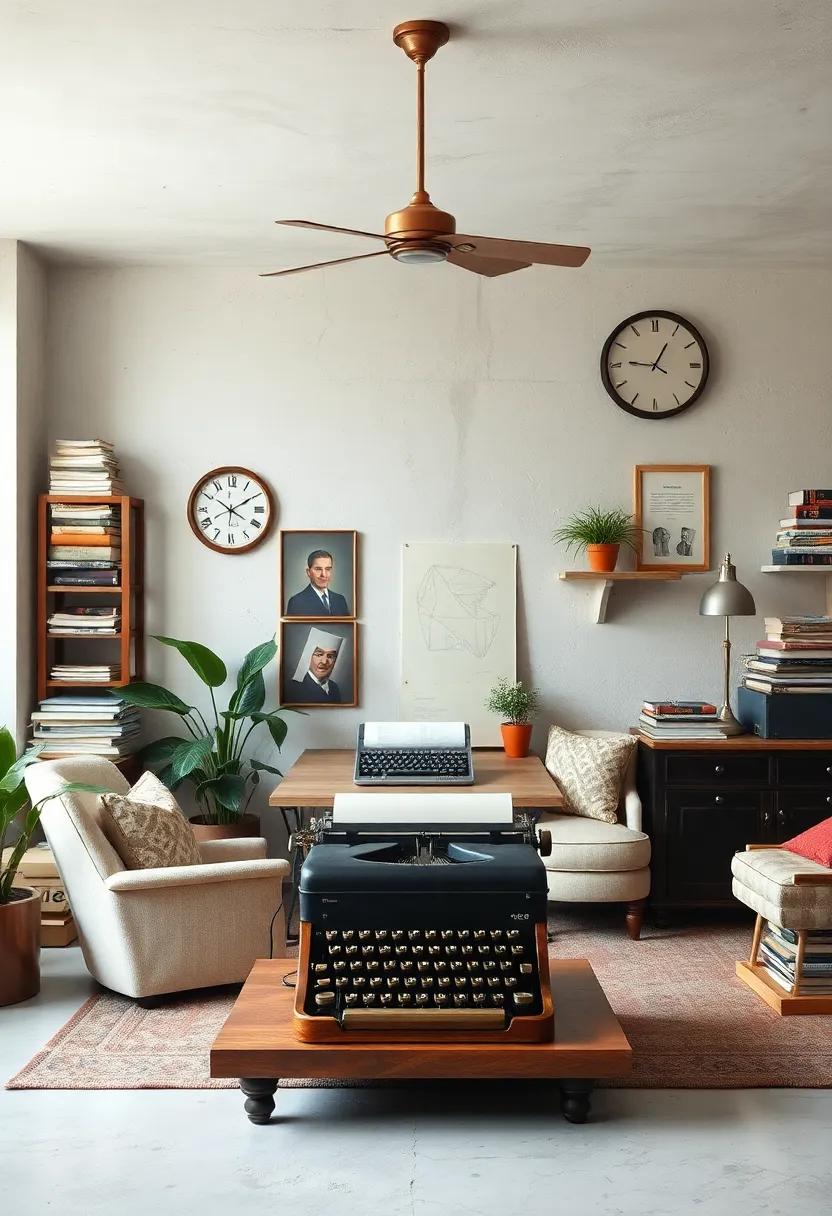 Woven Rugs and Classic Typewriter Collections Enhancing the Warm, Timeless Ambiance of Vintage Offices