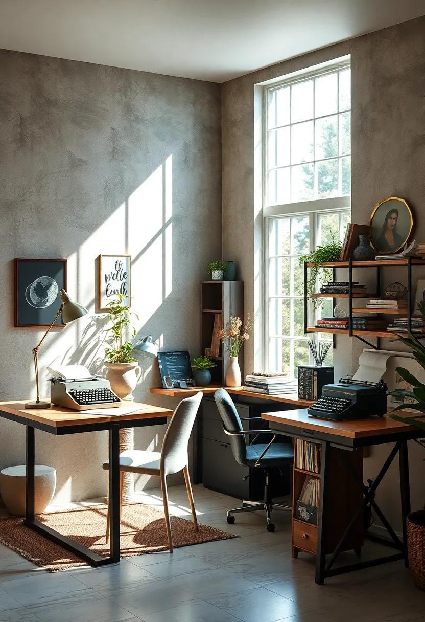 Natural Light Streaming Over Polished Desks With Vintage Typewriter Accents Creating Inspiring Workspaces
