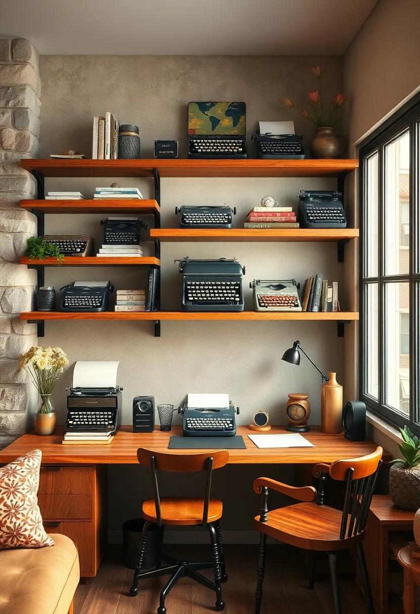 Warm Rustic Charm of Wooden Shelves Adorned with Antique Typewriters and Retro Office Essentials