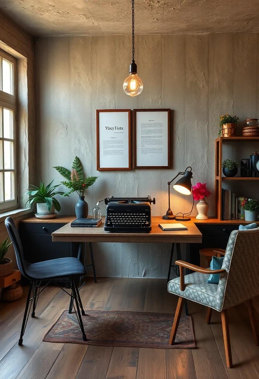 Soft Ambient Lighting Evoking Nostalgic Vibes Around a Vintage Desk with a Classic Typewriter Focal Point